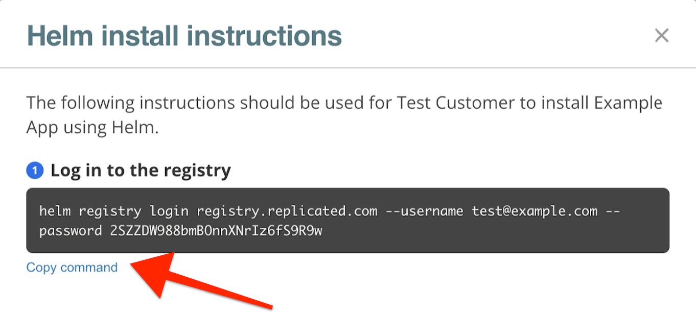 Registry login command in the Helm install instructions dialog